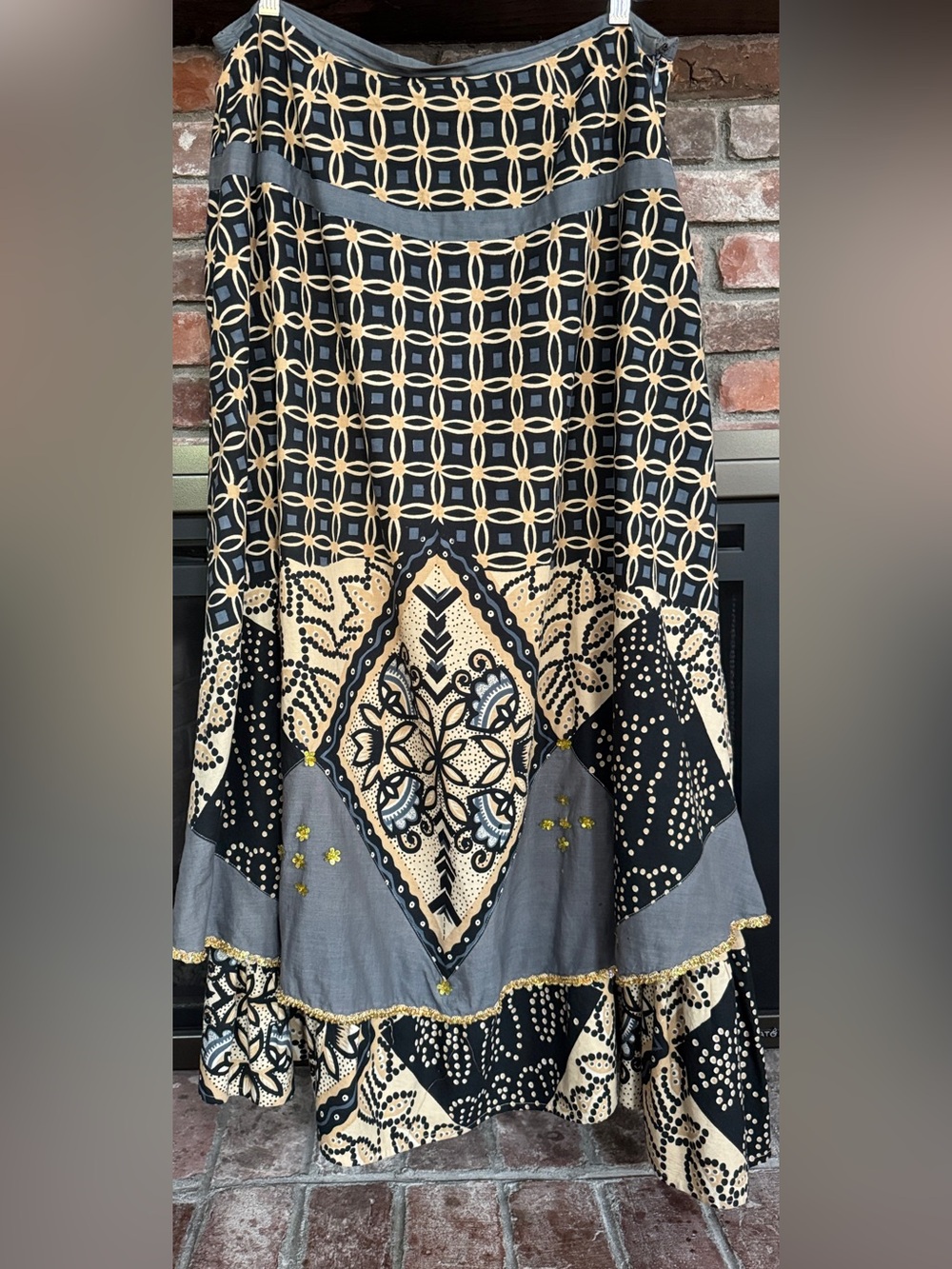 Ashro Black Tan Grey Blue Patterned Cotton Maxi Skirt VTG BOHO size large